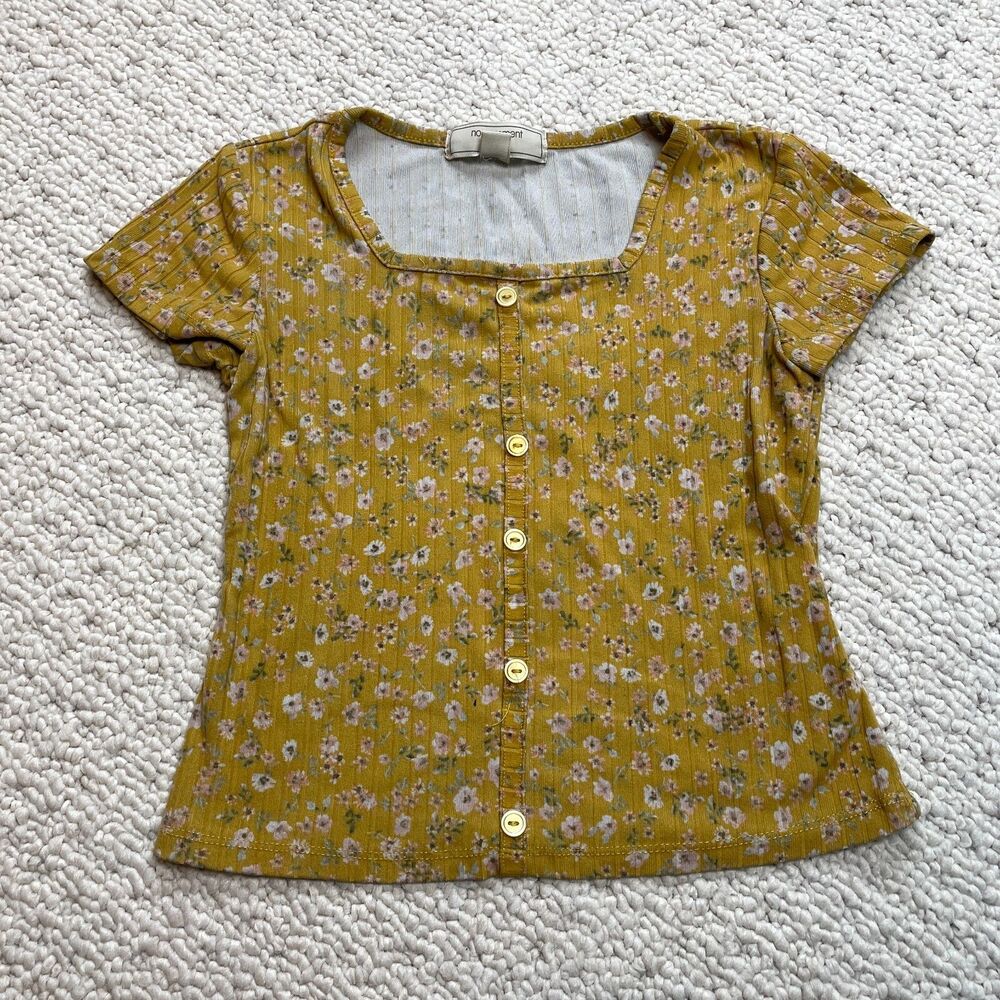 No Comment Blouse Shirt Girls 7/8 Yellow Floral Button Up Short Sleeve Top